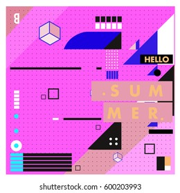 Trendy vector summer cards illustration with line elements and abstract colorful textures. Design for poster, card, invitation, brochure, and promotion template. Fashion art print and background.