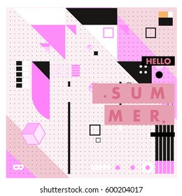 Trendy vector summer cards illustration with line elements and abstract colorful textures. Design for poster, card, invitation, brochure, and promotion template. Fashion art print and background.