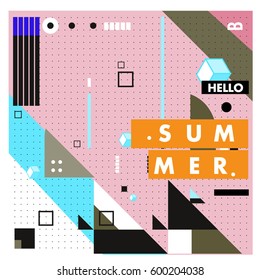 Trendy vector summer cards illustration with line elements and abstract colorful textures. Design for poster, card, invitation, brochure, and promotion template. Fashion art print and background.