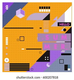 Trendy vector summer cards illustration with line elements and abstract colorful textures. Design for poster, card, invitation, brochure, and promotion template. Fashion art print and background.
