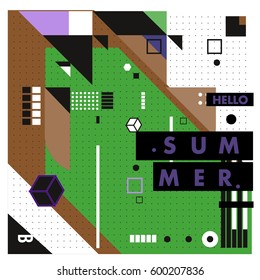 Trendy vector summer cards illustration with line elements and abstract colorful textures. Design for poster, card, invitation, brochure, and promotion template. Fashion art print and background.