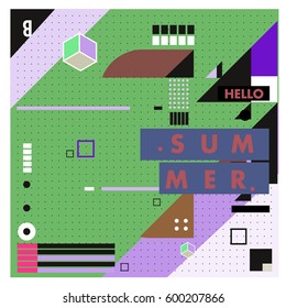 Trendy vector summer cards illustration with line elements and abstract colorful textures. Design for poster, card, invitation, brochure, and promotion template. Fashion art print and background.