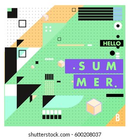 Trendy vector summer cards illustration with line elements and abstract colorful textures. Design for poster, card, invitation, brochure, and promotion template. Fashion art print and background.