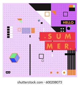 Trendy vector summer cards illustration with line elements and abstract colorful textures. Design for poster, card, invitation, brochure, and promotion template. Fashion art print and background.