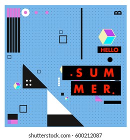 Trendy vector summer cards illustration with line elements and abstract colorful textures. Design for poster, card, invitation, brochure, and promotion template. Fashion art print and background.