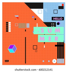 Trendy vector summer cards illustration with line elements and abstract colorful textures. Design for poster, card, invitation, brochure, and promotion template. Fashion art print and background.