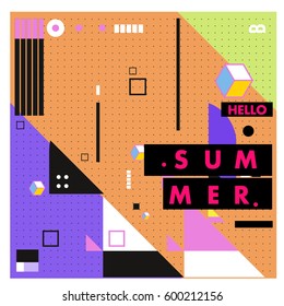 Trendy vector summer cards illustration with line elements and abstract colorful textures. Design for poster, card, invitation, brochure, and promotion template. Fashion art print and background.