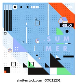 Trendy vector summer cards illustration with line elements and abstract colorful textures. Design for poster, card, invitation, brochure, and promotion template. Fashion art print and background.