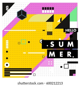 Trendy vector summer cards illustration with line elements and abstract colorful textures. Design for poster, card, invitation, brochure, and promotion template. Fashion art print and background.