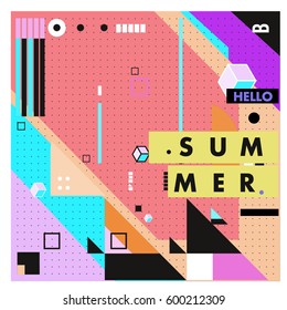 Trendy vector summer cards illustration with line elements and abstract colorful textures. Design for poster, card, invitation, brochure, and promotion template. Fashion art print and background.