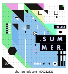 Trendy vector summer cards illustration with line elements and abstract colorful textures. Design for poster, card, invitation, brochure, and promotion template. Fashion art print and background.