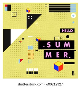 Trendy vector summer cards illustration with line elements and abstract colorful textures. Design for poster, card, invitation, brochure, and promotion template. Fashion art print and background.