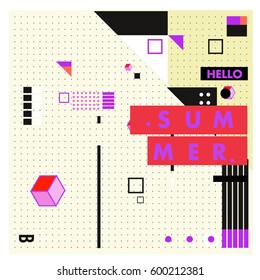 Trendy vector summer cards illustration with line elements and abstract colorful textures. Design for poster, card, invitation, brochure, and promotion template. Fashion art print and background.