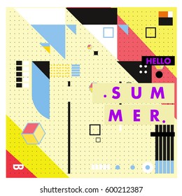 Trendy vector summer cards illustration with line elements and abstract colorful textures. Design for poster, card, invitation, brochure, and promotion template. Fashion art print and background.