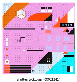 Trendy vector summer cards illustration with line elements and abstract colorful textures. Design for poster, card, invitation, brochure, and promotion template. Fashion art print and background.