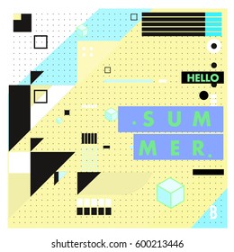 Trendy vector summer cards illustration with line elements and abstract colorful textures. Design for poster, card, invitation, brochure, and promotion template. Fashion art print and background.