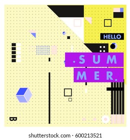 Trendy vector summer cards illustration with line elements and abstract colorful textures. Design for poster, card, invitation, brochure, and promotion template. Fashion art print and background.