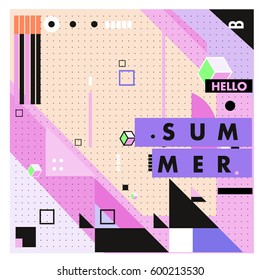 Trendy vector summer cards illustration with line elements and abstract colorful textures. Design for poster, card, invitation, brochure, and promotion template. Fashion art print and background.