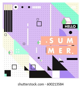 Trendy vector summer cards illustration with line elements and abstract colorful textures. Design for poster, card, invitation, brochure, and promotion template. Fashion art print and background.