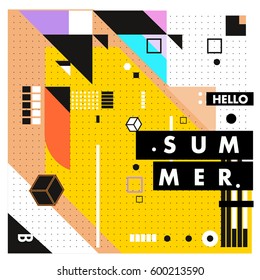 Trendy vector summer cards illustration with line elements and abstract colorful textures. Design for poster, card, invitation, brochure, and promotion template. Fashion art print and background.