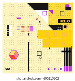 Trendy vector summer cards illustration with line elements and abstract colorful textures. Design for poster, card, invitation, brochure, and promotion template. Fashion art print and background.