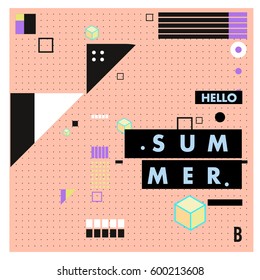 Trendy vector summer cards illustration with line elements and abstract colorful textures. Design for poster, card, invitation, brochure, and promotion template. Fashion art print and background.