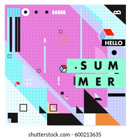 Trendy vector summer cards illustration with line elements and abstract colorful textures. Design for poster, card, invitation, brochure, and promotion template. Fashion art print and background.