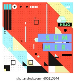 Trendy vector summer cards illustration with line elements and abstract colorful textures. Design for poster, card, invitation, brochure, and promotion template. Fashion art print and background.