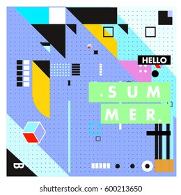 Trendy vector summer cards illustration with line elements and abstract colorful textures. Design for poster, card, invitation, brochure, and promotion template. Fashion art print and background.