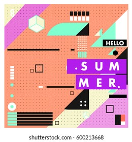 Trendy vector summer cards illustration with line elements and abstract colorful textures. Design for poster, card, invitation, brochure, and promotion template. Fashion art print and background.