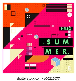 Trendy vector summer cards illustration with line elements and abstract colorful textures. Design for poster, card, invitation, brochure, and promotion template. Fashion art print and background.