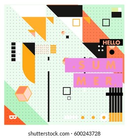 Trendy vector summer cards illustration with line elements and abstract colorful textures. Design for poster, card, invitation, brochure, and promotion template. Fashion art print and background.
