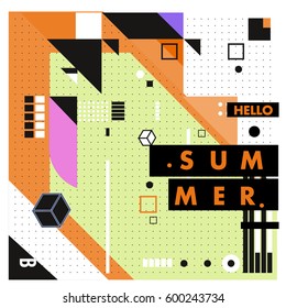 Trendy vector summer cards illustration with line elements and abstract colorful textures. Design for poster, card, invitation, brochure, and promotion template. Fashion art print and background.
