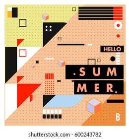Trendy vector summer cards illustration with line elements and abstract colorful textures. Design for poster, card, invitation, brochure, and promotion template. Fashion art print and background.