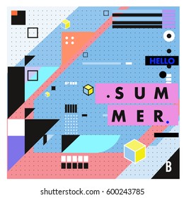 Trendy vector summer cards illustration with line elements and abstract colorful textures. Design for poster, card, invitation, brochure, and promotion template. Fashion art print and background.