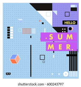 Trendy vector summer cards illustration with line elements and abstract colorful textures. Design for poster, card, invitation, brochure, and promotion template. Fashion art print and background.