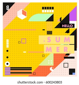 Trendy vector summer cards illustration with line elements and abstract colorful textures. Design for poster, card, invitation, brochure, and promotion template. Fashion art print and background.