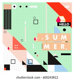 Trendy vector summer cards illustration with line elements and abstract colorful textures. Design for poster, card, invitation, brochure, and promotion template. Fashion art print and background.