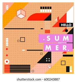 Trendy vector summer cards illustration with line elements and abstract colorful textures. Design for poster, card, invitation, brochure, and promotion template. Fashion art print and background.