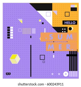Trendy vector summer cards illustration with line elements and abstract colorful textures. Design for poster, card, invitation, brochure, and promotion template. Fashion art print and background.