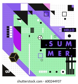 Trendy vector summer cards illustration with line elements and abstract colorful textures. Design for poster, card, invitation, brochure, and promotion template. Fashion art print and background.
