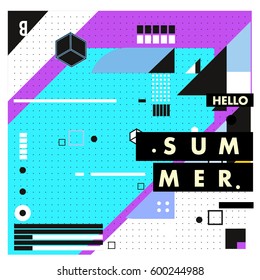 Trendy vector summer cards illustration with line elements and abstract colorful textures. Design for poster, card, invitation, brochure, and promotion template. Fashion art print and background.