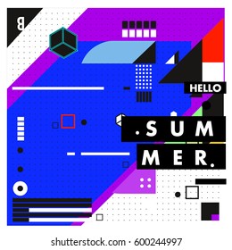 Trendy vector summer cards illustration with line elements and abstract colorful textures. Design for poster, card, invitation, brochure, and promotion template. Fashion art print and background.
