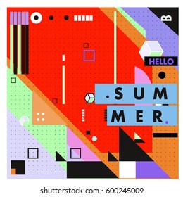 Trendy vector summer cards illustration with line elements and abstract colorful textures. Design for poster, card, invitation, brochure, and promotion template. Fashion art print and background.