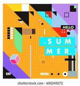 Trendy vector summer cards illustration with line elements and abstract colorful textures. Design for poster, card, invitation, brochure, and promotion template. Fashion art print and background.