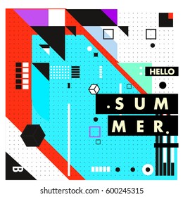 Trendy vector summer cards illustration with line elements and abstract colorful textures. Design for poster, card, invitation, brochure, and promotion template. Fashion art print and background.