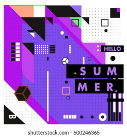 Trendy vector summer cards illustration with line elements and abstract colorful textures. Design for poster, card, invitation, brochure, and promotion template. Fashion art print and background.