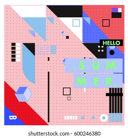 Trendy vector summer cards illustration with line elements and abstract colorful textures. Design for poster, card, invitation, brochure, and promotion template. Fashion art print and background.