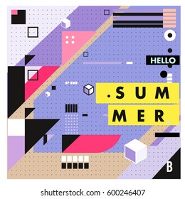 Trendy vector summer cards illustration with line elements and abstract colorful textures. Design for poster, card, invitation, brochure, and promotion template. Fashion art print and background.