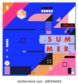 Trendy vector summer cards illustration with line elements and abstract colorful textures. Design for poster, card, invitation, brochure, and promotion template. Fashion art print and background.